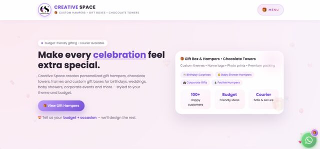Creative Space customised gift business website homepage